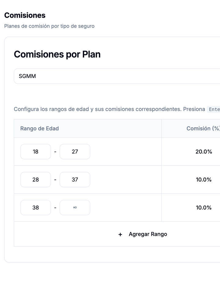 Configuración de planes de comisión por ramo en Inssuria