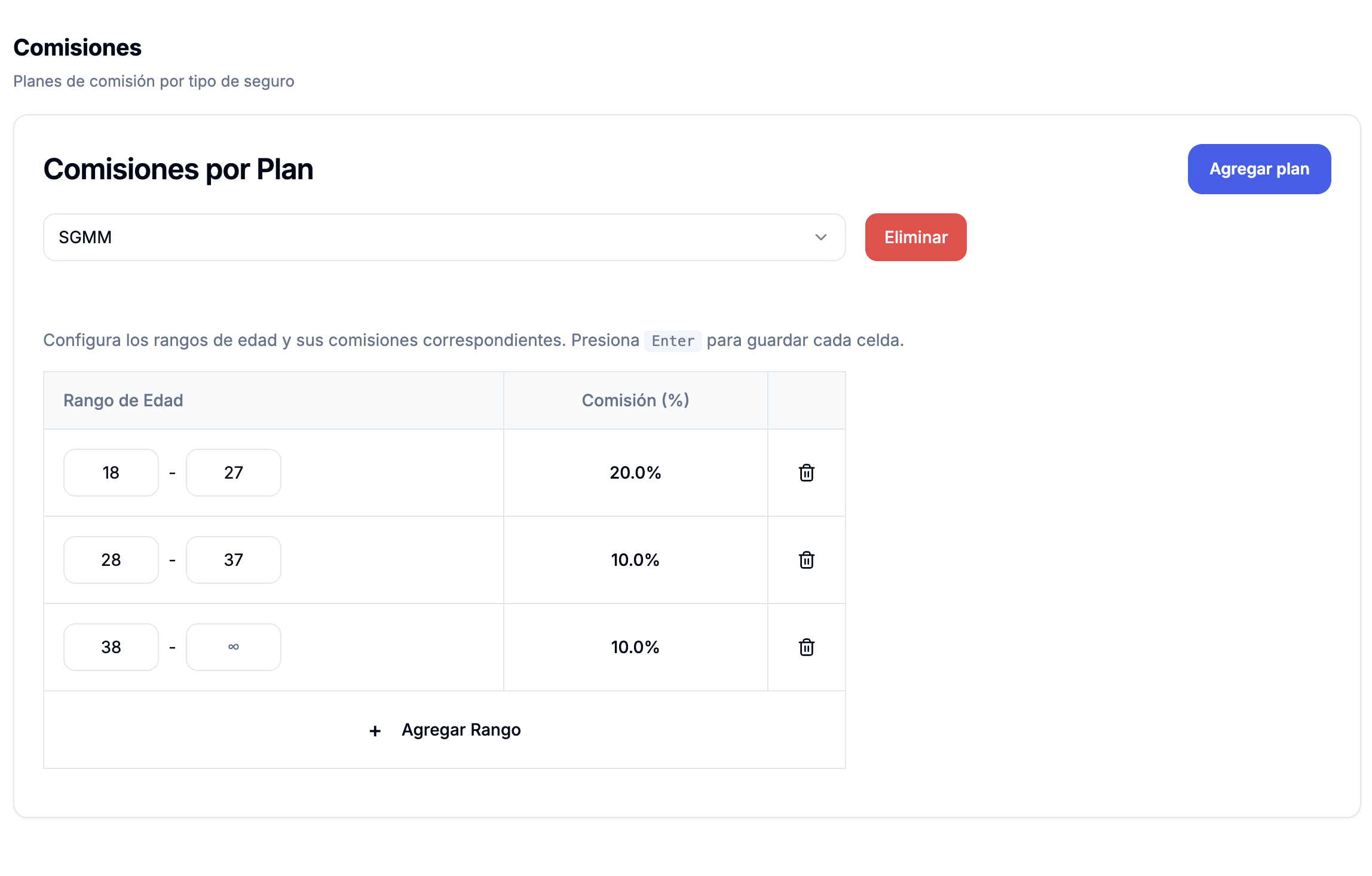 Configuración de comisiones