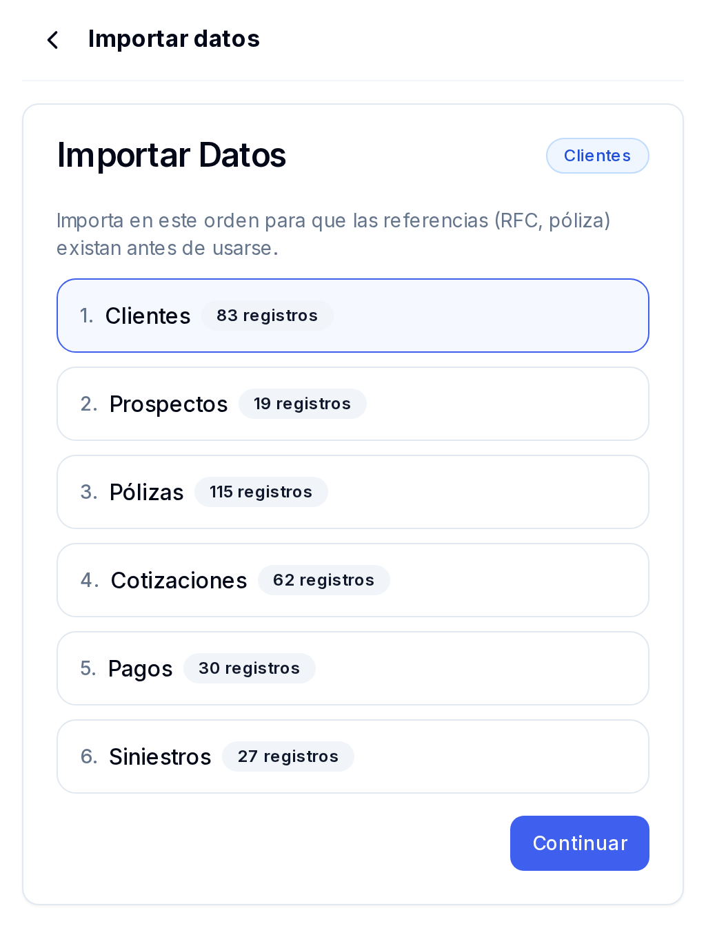 Configuración → Importar datos en Inssuria