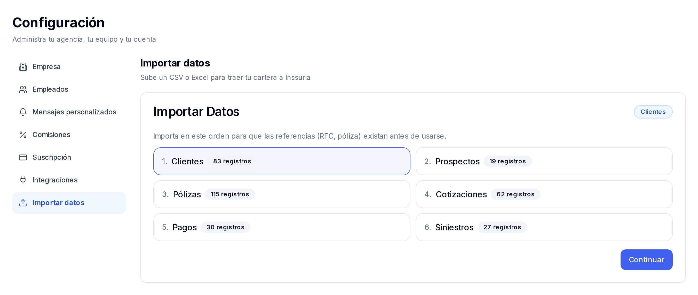 Configuración → Importar datos en Inssuria