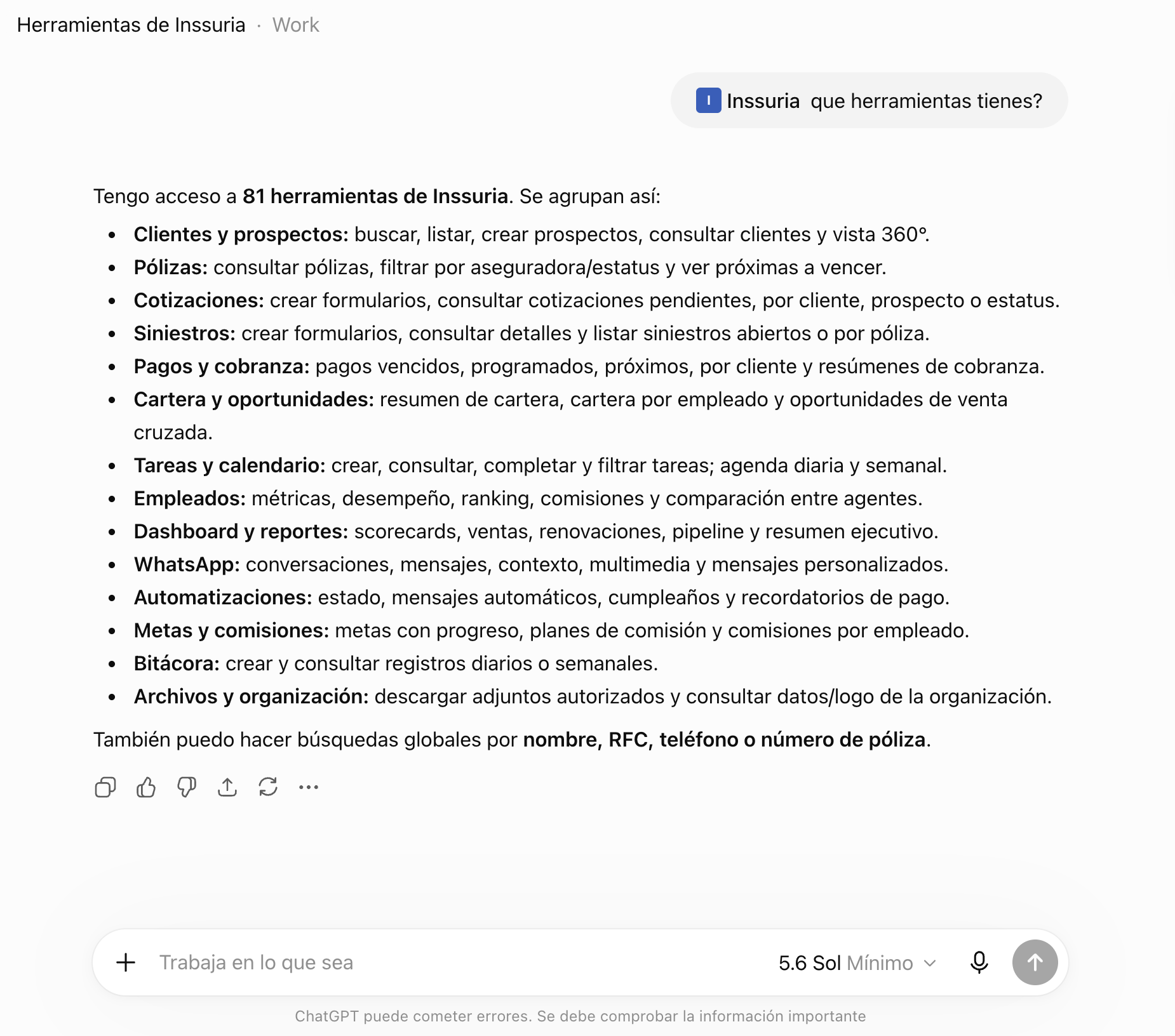 ChatGPT conectado a Inssuria mostrando las herramientas disponibles